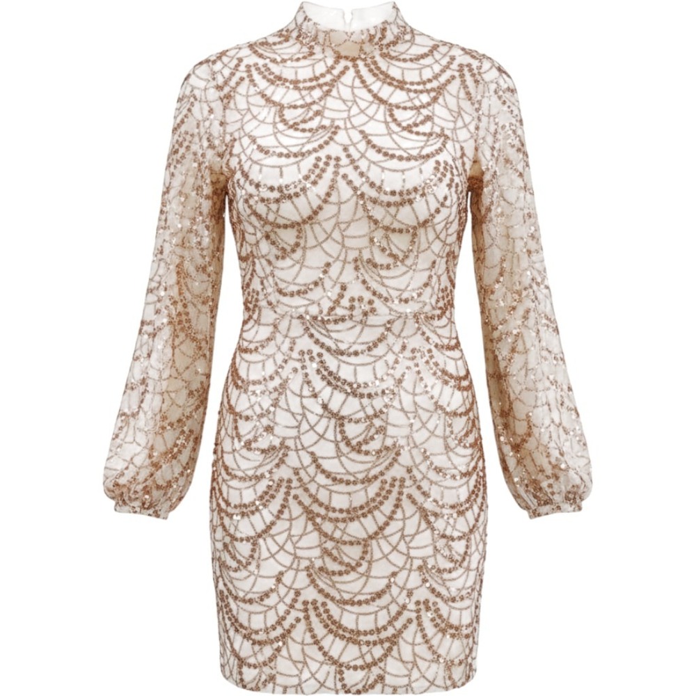 Miss Ord Rose Gold Sequin Mini Dress S Mock Neck Cocktail Party Event Holiday
